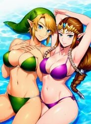 2girls ai_generated bikini blonde_hair breasts brown_hair elf_ears female genderswap_(mtf) green_bikini green_hat jewelry large_breasts link link_(twilight_princess) nintendo princess_zelda purple_bikini rule_63 short_hair the_legend_of_zelda the_legend_of_zelda:_twilight_princess zelda_(twilight_princess)