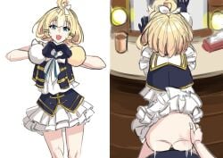 1boy 1girls 2_panel_comic ahoge ass back_view backstage bare_ass bare_butt bent_over blonde_hair blue_eyes bottomless butt first_person_view frilled_skirt front_view gloves hair_ribbon hairclip hand_heart hand_on_hip heart_hands hi_res highres idol_clothes kuon_bb_(kuonr18/epijbp) looking_at_viewer millie_parfait mirror mirror_reflection nijisanji nijisanji_en no_panties sex sex_from_behind short_hair sketch viewed_from_behind virtual_youtuber yellow_hair