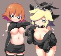 :3 artist_request big_breasts black_elbow_gloves black_eyes black_miniskirt black_thighhighs blonde_hair blush choker clothes_lift cookie_(touhou) elbow_gloves fake_meguru_(cookie) heart_symbol marisa_kirisame meguru_(cookie) miniskirt orange_hair short_hair sleeves_past_fingers sleeves_past_wrists smile tagme teasing thighhighs touhou white_pupils witch_hat yuuhi_(cookie)