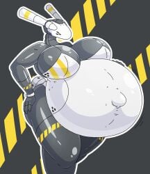 1girls big_ass bracelet bunny_tail bunnysuit female grey_body hage hand_on_belly hand_on_hip hazard_stripes huge_belly huge_breasts humanoid_robot limited_palette living_machine long_ears long_neck machine mask mechanical_eye no_face popped_navel pregnant pregnant_anthro pregnant_female simple_background super_belly thick_thighs white_outline yellow_highlights