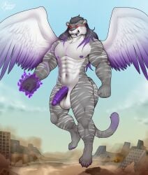 absurd_res animal_genitalia animal_penis anthro balls city_destruction claws destruction feathered_wings feathers felid feline_genitalia feline_penis friztwolf genitals hair hi_res long_hair magic magic_user male mammal muscular muscular_anthro muscular_male pantherine penis solo tiger wings