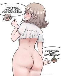 :d ass blush breasts brown_hair cowboy_shot danganronpa danganronpa_(series) danganronpa_2:_goodbye_despair english_text female from_behind galaga hair_ornament hand_up hinata_hajime large_breasts looking_at_viewer matraart medium_hair nanami_chiaki open_mouth pink_eyes shirt short_sleeves simple_background smile speech_bubble torn_clothes torn_shirt white_shirt