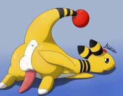 2019 ampharos anus ass balls blue_background blue_eyes feral fur galv3z_(artist) generation_2_pokemon genitals gradient_background hand_on_butt hi_res looking_at_viewer looking_back looking_back_at_viewer lying male male_feral nintendo on_front penis pokemon pokemon_(species) presenting presenting_hindquarters signature simple_background smile smiling_at_viewer solo tapering_penis white_body white_fur yellow_body yellow_fur