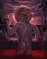 ass ass_focus bathing bathing_in_blood diesvitae dragon_age dragon_age_the_veilguard eclipse elf elgar'nan looking_at_viewer looking_back looking_over_shoulder male male_focus male_only nails_painted pointy_ears wine yellow_eyes