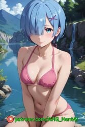 1girls ahq_hentai ai_generated bikini blue_hair blush breasts lake medium_breasts patreon perfect_body pink_bikini re:zero_kara_hajimeru_isekai_seikatsu rem_(re:zero) shy sitting stable_diffusion