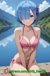 1girls ahq_hentai ai_generated bikini blue_hair blush breasts lake medium_breasts patreon perfect_body pink_bikini re:zero_kara_hajimeru_isekai_seikatsu rem_(re:zero) shy sitting stable_diffusion