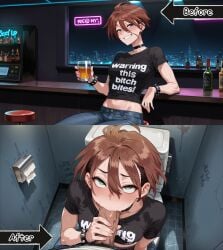 adult_female ahe_gao ai_generated alcoholic_drink bar_counter before_and_after black_shirt blowjob blowjob_face blush brown_hair brown_hair choker club_restroom enjoying_giving_oral fanfiction fellatio genderswap_(mtf) green_eyes grin hair_between_eyes hand_on_penis jeans large_penis long_bangs looking_at_viewer male_pov neon_lights nightclub nighttime oral_sex public_toilet punk_girl rolling_eyes rule_63 ryousuke_(tsf_monogatari) saliva seductive_look short_hair sitting_on_barstool sitting_on_toilet small_breasts smug_face spiked_bracelet text_on_clothing tsf-mango tsf_monogatari undercut
