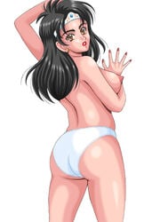 aimi_(dai_no_daibouken) ass black_hair breasts brown_eyes dragon_quest dragon_quest_dai_no_daibouken earrings female female_only human lipstick looking_over_shoulder medium_breasts nail_polish nipples pale_skin panties shounen_jump silegy standing tiara topless yoshizawa_yuuri