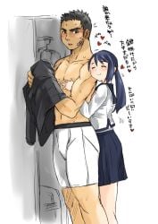 1boy 1girls blush closed_eyes female heart height_difference hug hug_from_behind indoors long_hair looking_at_another male muscular muscular_male original pecs school_uniform serafuku skirt smile standing straight sweat text tomto topless twintails underwear uniform