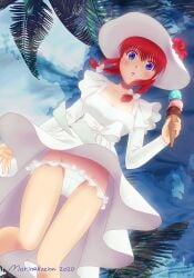 alternate_hairstyle blue_eyes braided_hair braids female female_only food fully_clothed gintama ice_cream kagura_(gintama) looking_at_viewer low-angle_view morinekozion orange_hair outdoors panties pantyshot red_hair solo sun_hat twin_braids upskirt white_panties