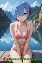 1girls ahq_hentai ai_generated bikini blue_hair blush breasts lake medium_breasts patreon perfect_body pink_bikini re:zero_kara_hajimeru_isekai_seikatsu rem_(re:zero) shy sitting stable_diffusion