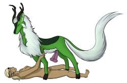 2_penises animal_genitalia animal_penis anthro antlers blonde_hair blush bodily_fluids breasts circlet closed_eyes crown dragon dreamingofcake duo emerald_(silver_stripe) equine_genitalia equine_penis feral fluffy fluffy_tail freckles fur genital_fluids genitals green_body green_eyes green_fur hair headgear herm hi_res hooves horn human human_on_feral intersex intersex/male interspecies kirin leaking_precum looking_at_another male mammal multi_genitalia multi_penis mythological_creature mythological_scalie mythology neck_tuft penis precum scales scalie small_breasts tail tuft zoophilia