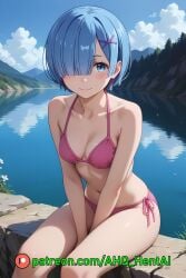 1girls ahq_hentai ai_generated bikini blue_hair blush breasts lake medium_breasts patreon perfect_body pink_bikini re:zero_kara_hajimeru_isekai_seikatsu rem_(re:zero) shy sitting stable_diffusion