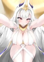 1girls alternate_costume ankh azur_lane blush boring8 breasts eyebrows_visible_through_hair huge_breasts licking_lips light-skinned_female light_skin looking_at_viewer official_alternate_costume red_eyes royal_navy_(azur_lane) scylla_(a_maid's_judgment)_(azur_lane) scylla_(azur_lane) white_hair