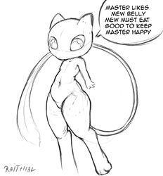 1girls belly feet feline female flat_chest floating furry looking_at_viewer mew monochrome navel nintendo no_nipples nude paws pokemon pokemon_(species) raithial sketch solo straight_hair tail text white_background