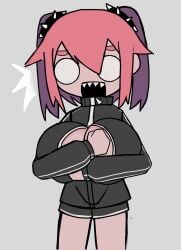 black_jacket boogie_(iiiichimaru_03) bursting_breasts covering_breasts female grey_background iiiichimaru_03 iiiichimaru_03_(style) konton_boogie konton_boogie_trilogy_(jon-yakitory) mv_character o_o open_jacket open_mouth pink_hair scrunchie sharp_teeth simple_background solo solo_female spiked_scrunchie swoiffer2 thighs track_jacket twintails vocaloid wide-eyed zipper