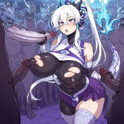 1girls ai_generated black_bodysuit blue_eyes bodysuit breasts dragon_girl dragon_tail female female_focus headwear helmet large_breasts long_hair nipples puffy_nipples purple_skirt short_skirt skirt swordsoul_of_mo_ye tail thick thick_thighs thighs white_crop_top white_hair yu-gi-oh!