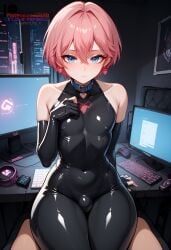 1boy ai_generated black_bodysuit blue_eyes bulge bulge_through_clothing choker collar earrings femboy flat_chest ilfb latex latex_suit looking_at_viewer medium_hair otoko_no_ko pink_hair trap