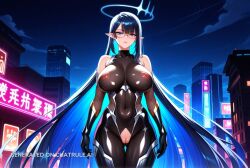 1girl absurdly_long_hair ai_assisted ai_generated armor bare_shoulders black_bodysuit black_hair blue_eyes blue_hair city cityscape clouds colored_inner_hair cowboy_shot crotchless curvy dark_theme detailed_pussy earrings elbow_gloves fishnets gloves halo high_contrast kagami_hirotaka koukawa_oboro looking_at_viewer neon_lights night night_sky outdoors pointy_ears rimless_eyewear slit_pupils soft_shading star_earrings taimanin_asagi_zero taimanin_suit thigh_gap visible_pussy