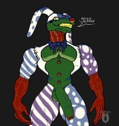 anthro bow_tie canine_teeth clown clown_nose dialogue foreskin genitals goatguy_boi_(artist) humanoid_genitalia humanoid_penis lagomorph male mammal mortality_(the_walten_files) patchwork_creature penis solo vein veiny_penis