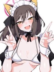 :d allied_hyakkiyako_academy_student blue_archive blush cute_fang female gesture half-closed_eyes izuna_(blue_archive) maid maid_bikini medium_breasts ninjutsu_research_club_(blue_archive) skin_fang sweat sweaty unconventional_maid upper_body very_sweaty