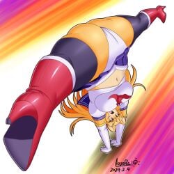 aozora_(tasogare_aozora) ass cameltoe elbow_gloves female furry handstand hankerchief high_heel_boots leg_split legs_apart lioness long_hair orange_fur original_character panties shirt skirt thigh_highs