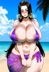 ai_generated ass ass_focus beach big_ass big_breasts big_butt big_thighs bikini black_hair blue_eyes blush boa_hancock cleavage closed_mouth clothing curvy curvy_female curvy_figure dijiai female female_only focus from_front_position front_view heart highleg hourglass_figure long_hair looking_away looking_to_the_side navel nipples nsfw ocean one_piece outdoors palm_tree round_ass round_butt sarong sky smiling standing steam steaming_body thiccwithaq_(ai_style) thick thick_ass thick_butt thick_legs thick_thighs thighs v_arms wide_hips