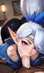 ai_generated ass_focus big_ass black_legwear blowjob blue_topwear elf hair_over_one_eye miya miya_(mobile_legends) mobile_legends pixai ponytail white_hair