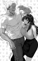 1boy 1girls akira_(damedame_ol) big_breasts black_hair blush borrowed_character breast_press breasts female finger_to_mouth gibagiba height_difference long_hair looking_at_another male monochrome muscular_male original simple_background standing straight sweat veins veiny_arms veiny_hands