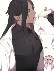 1boy 1girls ariesuzu_(ariessz) blue_eyes blush closed_eyes dress earrings female fingerless_gloves glasses hair_ornament jewelry long_hair male male_focus nail_polish pecs pink_hair pointy_ears simple_background solo_focus straight tongue tongue_out veil white_background