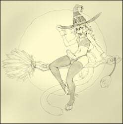 1boy 2016 anthro broom clothed clothing crossdressing erection feline fur hair halloween hat holidays legwear looking_at_viewer magic_user male male_only mammal moon penis quadra simple_background sketch solo uncut witch witch_hat