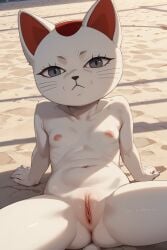 1girls acopa2 ai_generated anthro ass beach breasts collar dandadan domestic_cat felid feline female hi_res lying nude pawpads pussy self_upload solo turbo_granny_(dandadan) white_body yokai