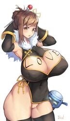 armpits black_gloves body_writing bound bound_wrists breasts brown_eyes brown_hair cleavage elbow_gloves female female_only gloves hair_bun hair_ornament hairpin harry_(dudwofla) highres huge_breasts mei_(overwatch) no_panties overwatch pussy signature simple_background snowball solo thick_thighs thighs white_background