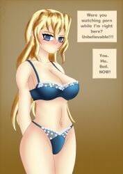 1girls annoyed arms_behind_back blonde_hair blue_eyes dialogue english_text female female_only imminent_sex katawa_shoujo lingerie lingerie_only okamilyn satou_lilly self_upload