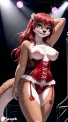 ai_generated anthro blue_eyes breasts breasts_out cameltoe corset furry furry_ears furry_female furry_tail lingerie nipples otter otter_girl red_hair stage stage_lights yeswaifu