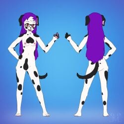 anthro ariana_the_dalmatian breasts canid canine canis dalmatian domestic_dog eyewear female fur genitals glasses hair hi_res humanoid_genitalia humanoid_pussy jonatanm mammal medium_breasts model_sheet nipples pawpads purple_hair pussy red_eyes solo white_body white_fur