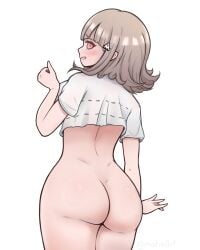 :d ass blush breasts brown_hair cowboy_shot danganronpa_(series) danganronpa_2:_goodbye_despair female from_behind galaga hair_ornament hand_up large_breasts looking_at_viewer matraart medium_hair nanami_chiaki open_mouth pink_eyes shirt short_sleeves simple_background smile solo torn_clothes torn_shirt white_shirt