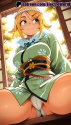 1girls 2025 ai_generated artist_name autumn autumn_leaves blonde_hair blush breasts breasts breasts bust chest electroworld female green_eyes hair_ornament hanabi_(senran_kagura) hi_res high_quality high_resolution highres indoors japanese_clothes kimono legs_apart legs_spread looking_at_viewer obi open_legs orange_sky panties patreon patreon_username sash senran_kagura senran_kagura_(series) shouji sitting sky sliding_doors smile solo splayed_legs spread_legs stable_diffusion sunset torii tree underwear watermark white_panties window