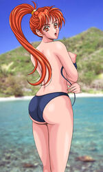 ass beach bra breast female female_only fire_emblem fire_emblem:_path_of_radiance fire_emblem:_radiant_dawn hair_tie hill jill_(fire_emblem) koutenki-en lake looking_over_shoulder nipple panties red_eyes red_hair silegy standing undressing untied_bra