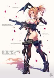 animal_ears armpit ass assault_rifle blonde_hair blush breasts bunny_ears bunny_suit cleavage dat_ass earpiece exoskeleton exposed_ass female grenade_launcher heels large_breasts legs long_hair open_mouth petals ponytail purple_eyes shadow signature simple_background standing stockings sweat thighhighs tied_hair torn_clothes torn_thighhighs weapon white_background