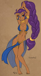 1girls 2016 arabian_clothes barefoot blue_eyes breasts brown_background dancer_outfit dancer_shantae dancing dark-skinned_female earrings elf_ears female female_only fluff-kevlar harem_outfit humanoid jewelry loincloth pointy_ears ponytail purple_hair shantae shantae_(character) solo solo_female thick_thighs wayforward