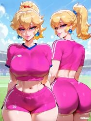 1girls ai_generated blonde_hair breasts difuxer female female_only large_breasts light-skinned_female light_skin mario_(series) nintendo pink_shirt pink_shorts princess_peach soccer_uniform solo sportswear thick_thighs thighs white_background wide_hips