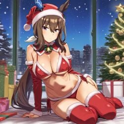 admire_vega_(umamusume) ai_generated animal_ears breasts brown_hair female half_ponytail horse_girl long_hair purple_eyes santa_costume umamusume umamusume_pretty_derby