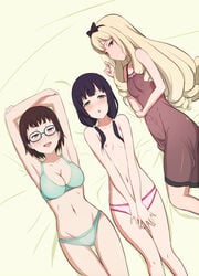 3girls :d areolae armpits arms_up artist_request ass_visible_through_thighs black_bow black_eyes black_hair black_ribbon blue-framed_eyewear blush bow bra breasts brown_hair cameltail chestnut_mouth cleavage covering covering_crotch curly_hair curvy ema_yasuhara erect_nipples erection erection_under_clothes eyebrows_visible_through_hair female flat_chest glasses green_bra green_eyes green_panties hair_over_shoulder hair_ribbon large_breasts lingerie long_hair looking_at_viewer low_pigtails lying multiple_girls navel negligee nipple_bulge nipples no_panties nose_blush on_side open_mouth own_hands_together panties pigtails pink_panties red_eyes ribbon rinko_ogasawara shirobako sideways_mouth smile thigh_gap tied_hair topless underwear yellow_hair yumi_iguchi