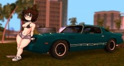 1girls bluemannsfw brown_hair car city city_background cityscape day daytime denim denim_clothing denim_shorts female human humanized pomni_(the_amazing_digital_circus) sandals sky tagme the_amazing_digital_circus thick_thighs tires