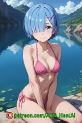 1girls ahq_hentai ai_generated bikini blue_hair blush breasts lake medium_breasts patreon perfect_body pink_bikini re:zero_kara_hajimeru_isekai_seikatsu rem_(re:zero) shy sitting stable_diffusion