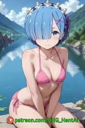 1girls ahq_hentai ai_generated bikini blue_hair blush breasts lake medium_breasts patreon perfect_body pink_bikini re:zero_kara_hajimeru_isekai_seikatsu rem_(re:zero) shy sitting stable_diffusion