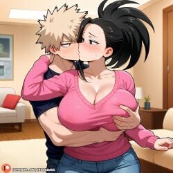 1boy 1girls ai_generated boku_no_hero_academia couple katsuki_bakugou my_hero_academia sensual yaoyorozu_momo