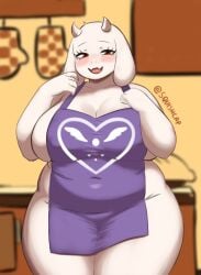 1girl 1girls 1milf anthro apron apron_only artist_signature bbw bbw_mom big_breasts blush chubby chubby_female curvy eyelashes female female_only floppy_ears goat goat_girl horns huge_breasts massive_breasts mature_female milf mommy naked_apron nipple_bulge pawg_build red_eyes squishcap_(artist) thick_thighs toriel undertale wide_hips