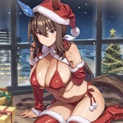 admire_vega_(umamusume) ai_generated animal_ears breasts brown_hair female half_ponytail horse_girl long_hair purple_eyes santa_costume umamusume umamusume_pretty_derby